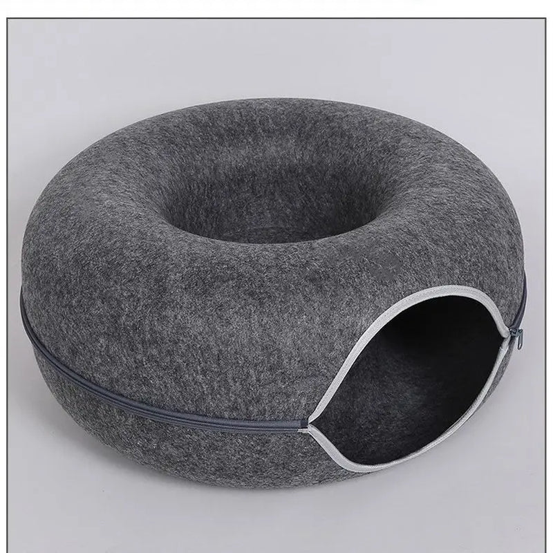 Cozy Donut Cat Bed with Interactive Tunnel - Perfect Indoor Playhouse for Your Feline Friend