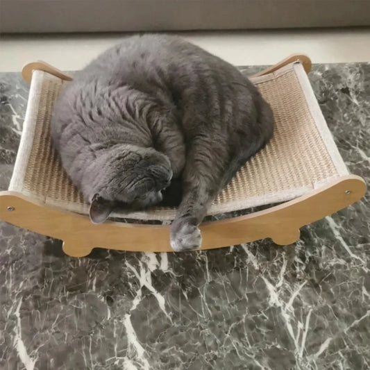 Wooden Cat Scratching Pad with a gray cat sleeping comfortably on it.