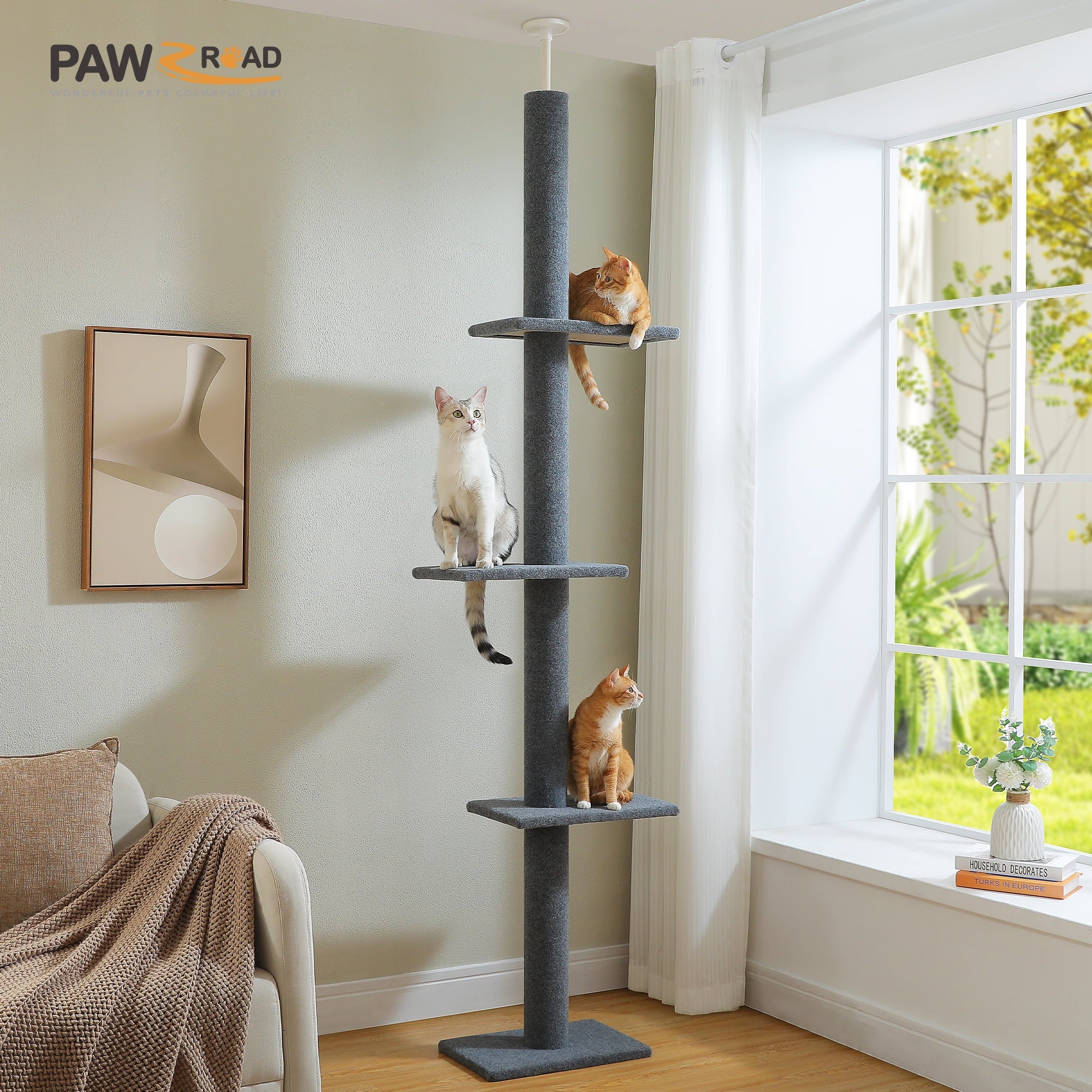 Elevate Your Cat's Playtime with the Adjustable 90-107" Gray Floor to Ceiling Cat Tree Tower - 4 Tier Climbing Posts & Cozy Perches!