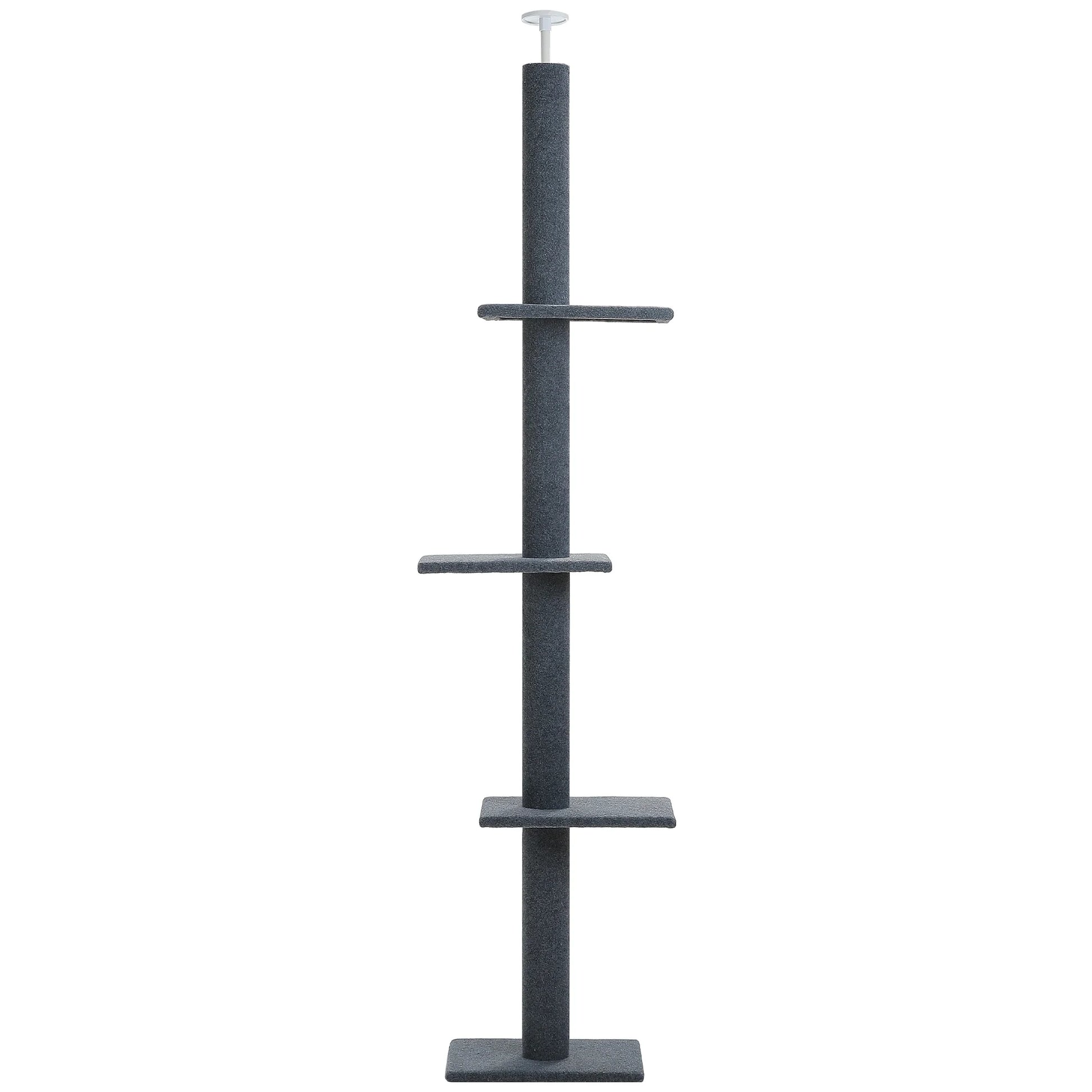 Elevate Your Cat's Playtime with the Adjustable 90-107" Gray Floor to Ceiling Cat Tree Tower - 4 Tier Climbing Posts & Cozy Perches!