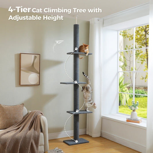 Elevate Your Cat's Playtime with the Adjustable 90-107" Gray Floor to Ceiling Cat Tree Tower - 4 Tier Climbing Posts & Cozy Perches!