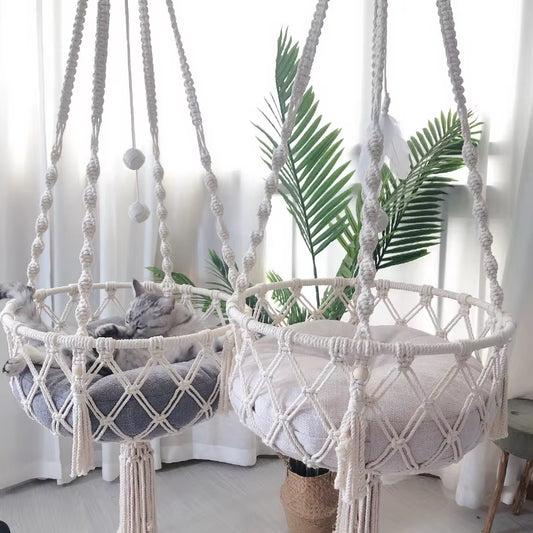 Elevate Your Cat's Comfort with Our Bohemian Handwoven Cotton Hammock Swing Bed - Perfect for Home Décor!