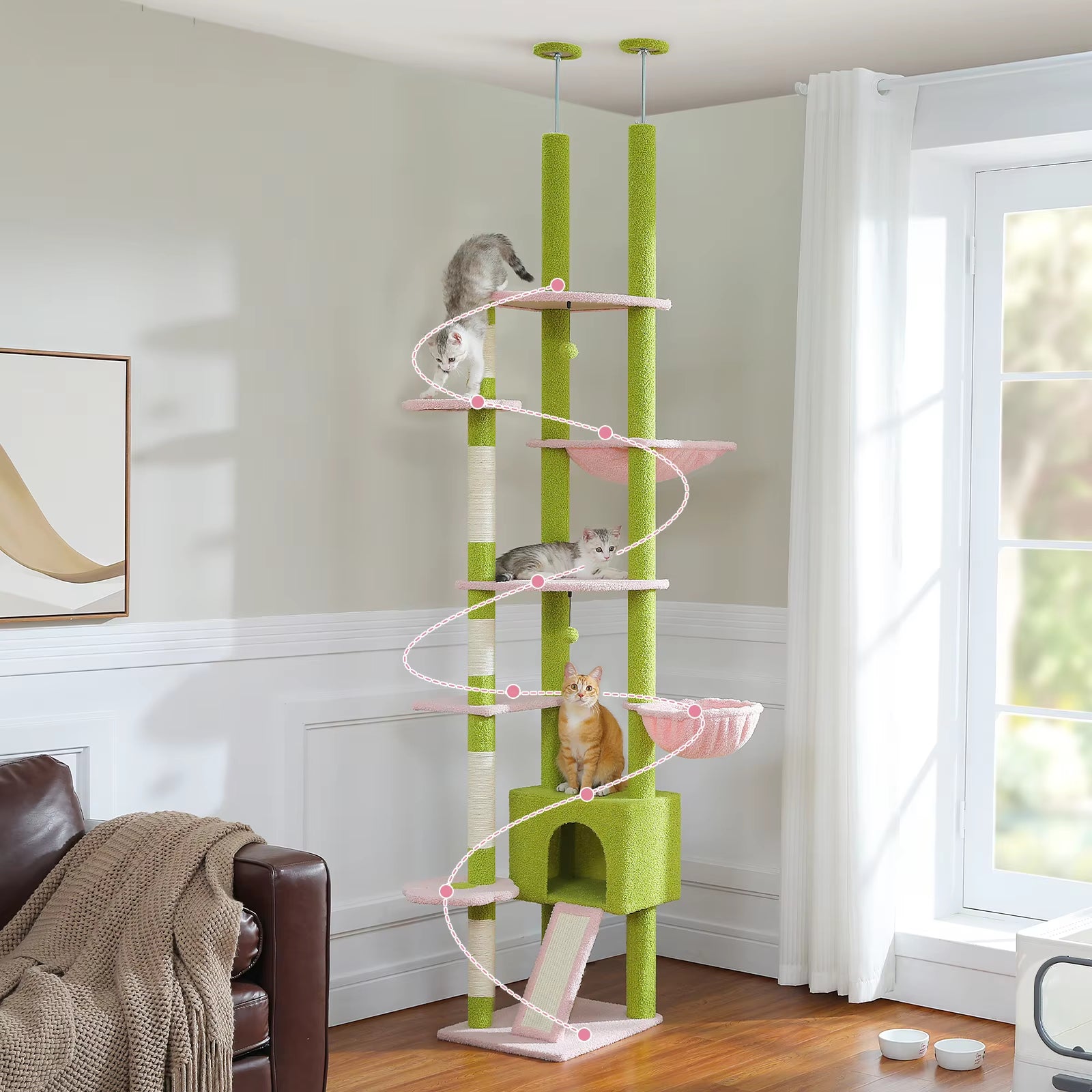Transform Your Home with Our 230-252CM Cactus Cat Tree: A Stylish Floor-to-Ceiling Tower with 7 Tiers, Cozy Hammocks, and Green Leaves for Happy Cats