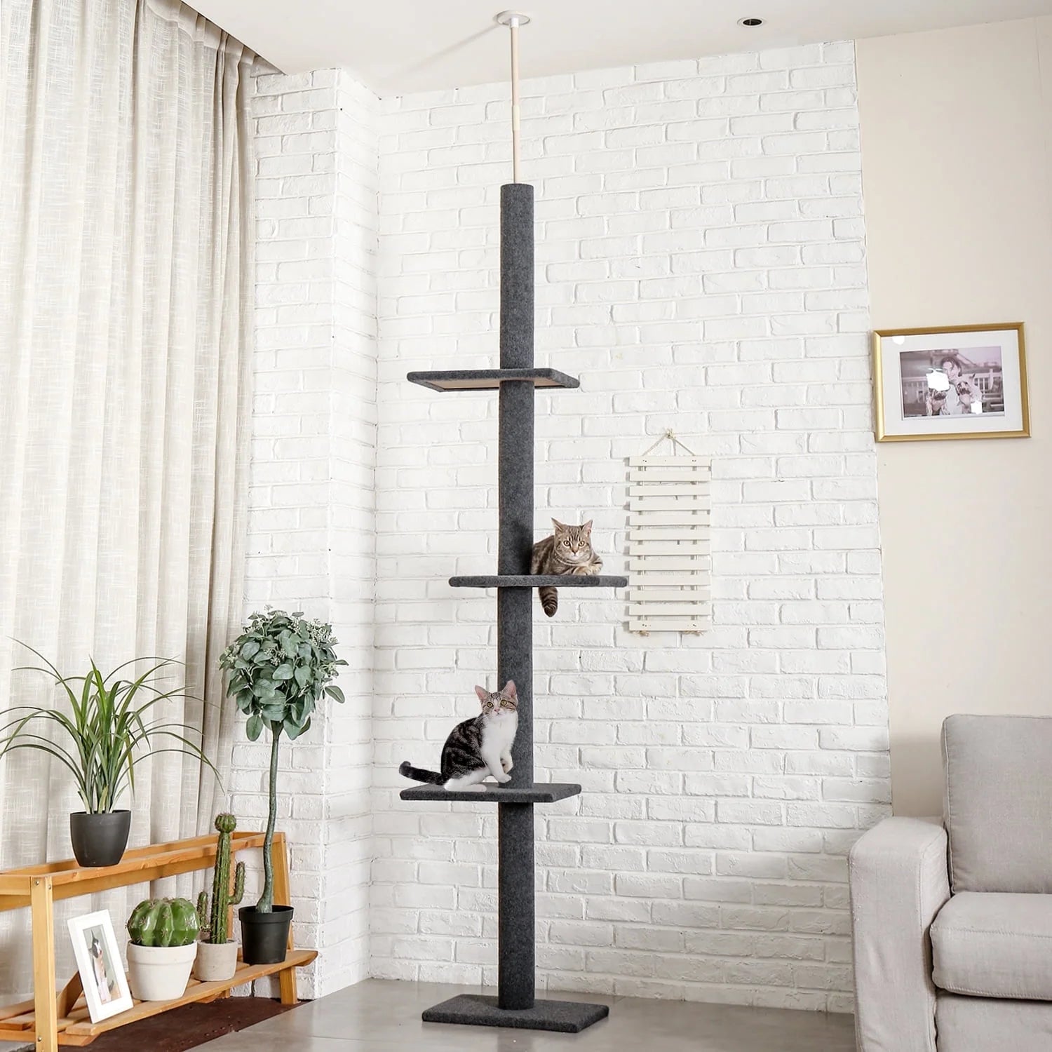 Elevate Your Cat's Playtime with the Adjustable 90-107" Gray Floor to Ceiling Cat Tree Tower - 4 Tier Climbing Posts & Cozy Perches!