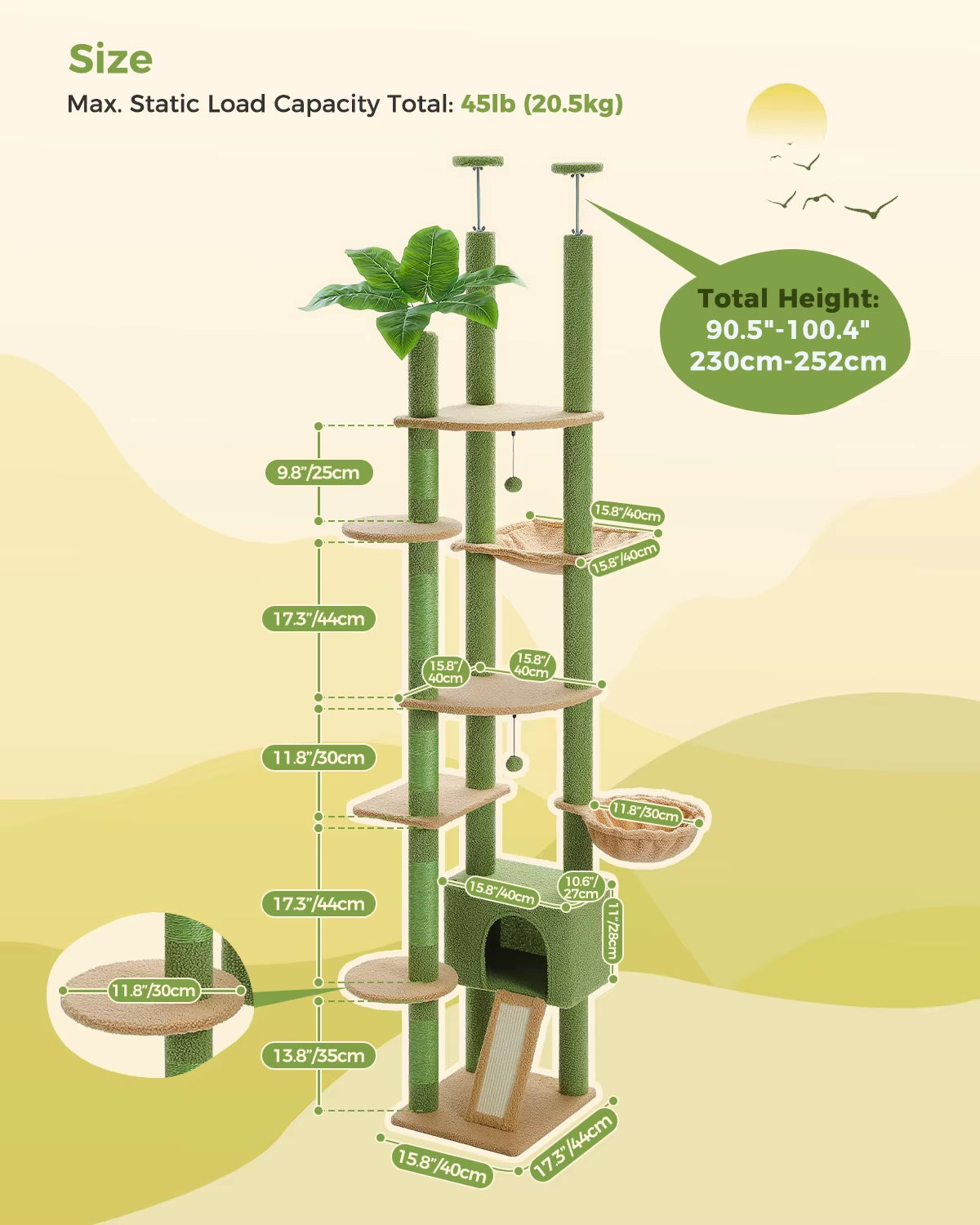 Transform Your Home with Our 230-252CM Cactus Cat Tree: A Stylish Floor-to-Ceiling Tower with 7 Tiers, Cozy Hammocks, and Green Leaves for Happy Cats