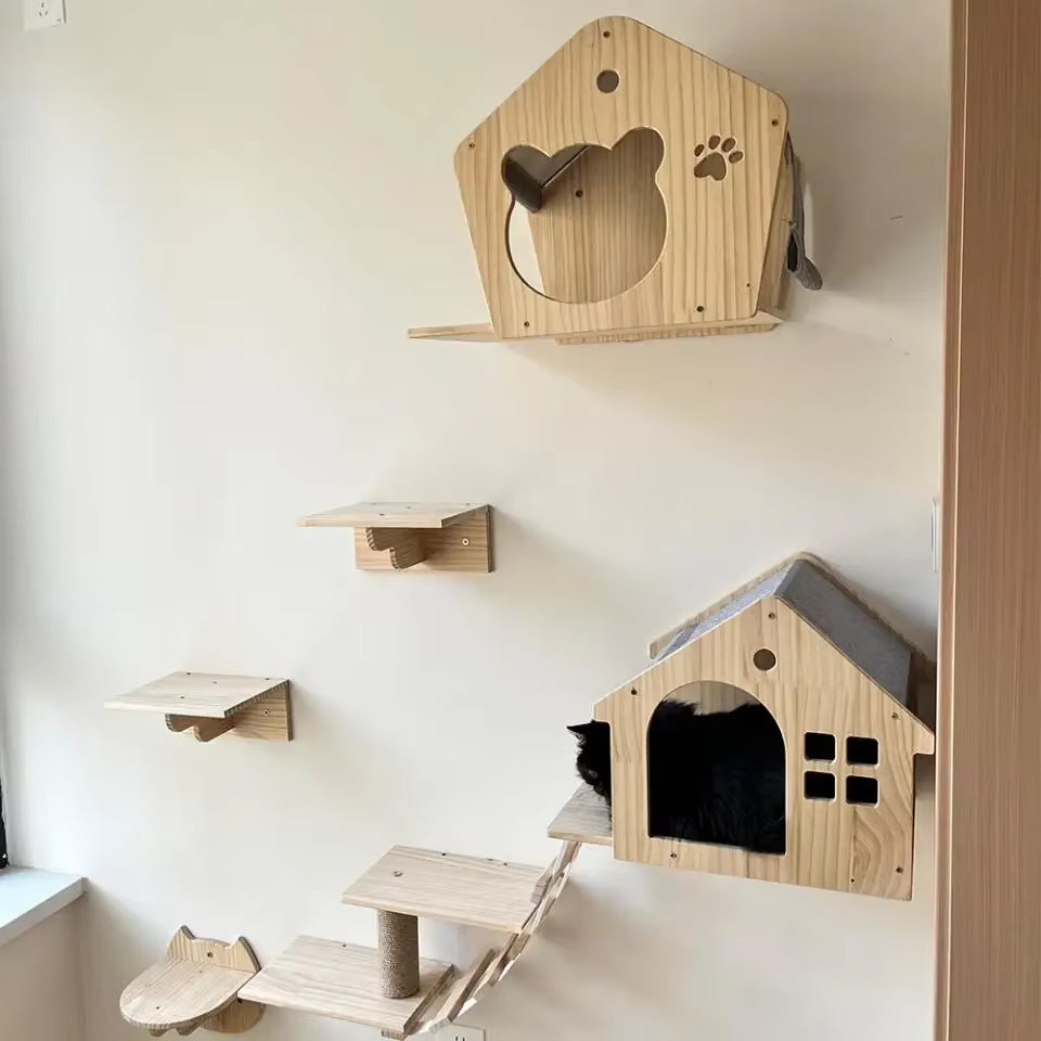 Elevate Your Cat's Playtime with Our Stylish Wooden Wall-Mounted Cat Tree Featuring Sisal Scratching Post and Cozy Hammock