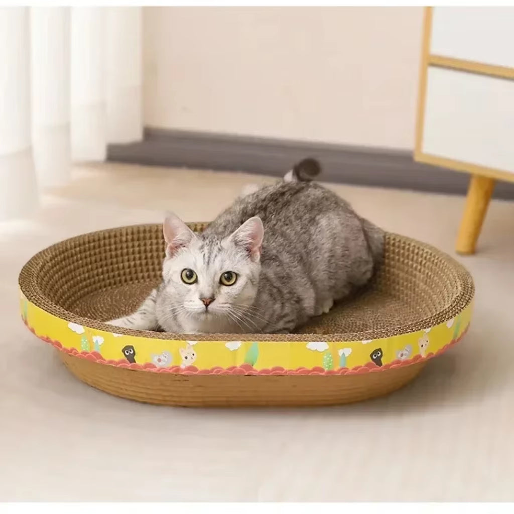 Gray cat relaxing on a colorful cat scratching board designed for comfort and fun.